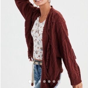 American Eagle XS/S Brown Cable Knit Fringe Boho Open Front Oversized Cardigan